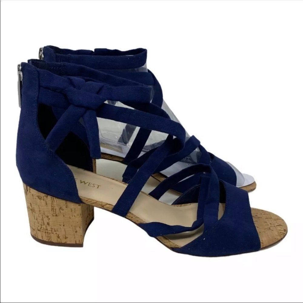 Nine West Women’s Strappy Open Toe Cork Heel Give It To‎ Me Blue Knot Block
